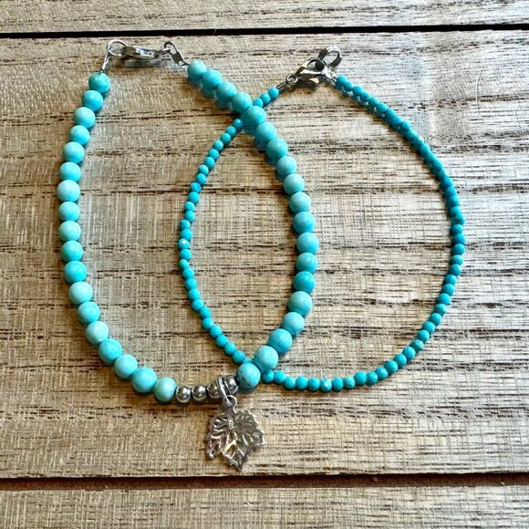 Set of 2 Turquoise Beaded & Sterling Silver Maple Leaf Charm Bracelets - Picture 1 of 2